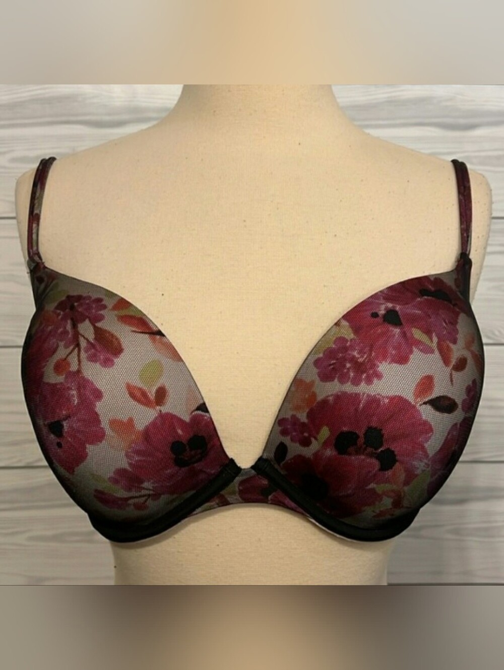Victoria's Secret Floral Mesh Overlay Push-Up Bra Size 34DD